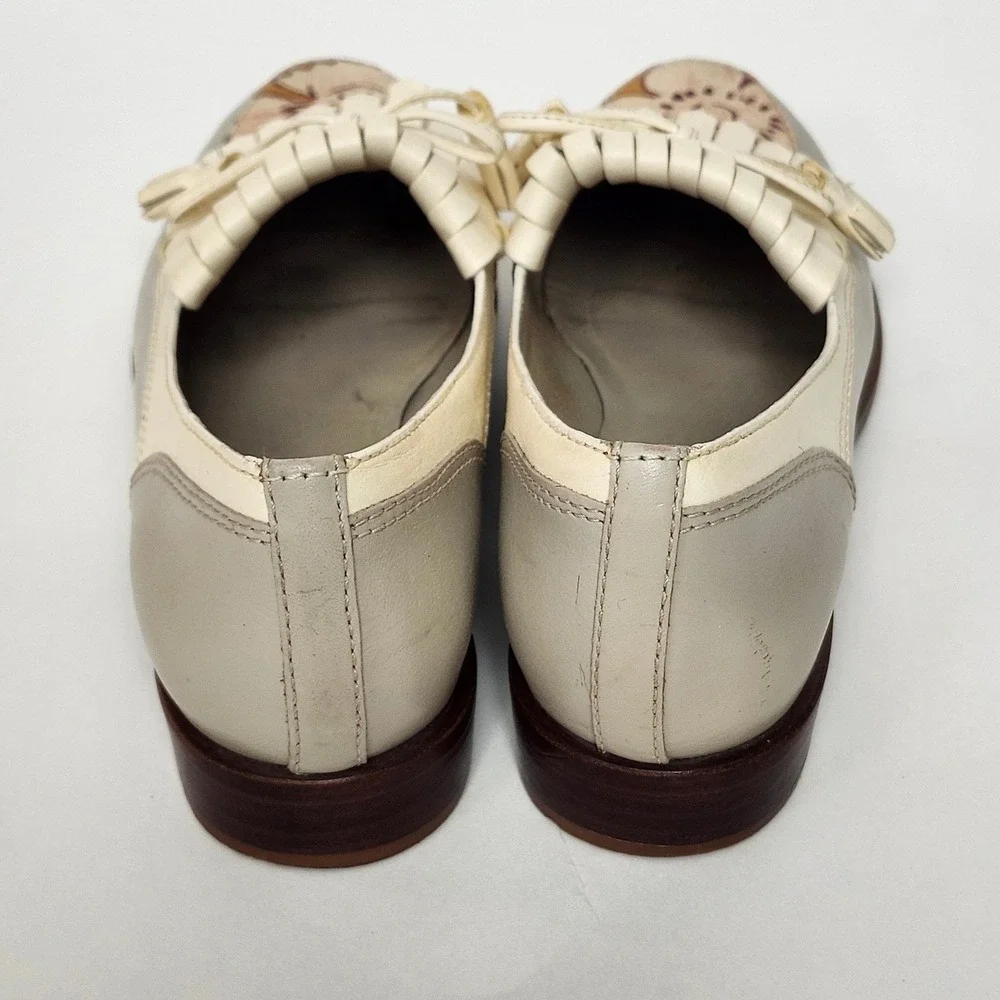 Tory Burch Ruth Floral Tassel Kiltie Loafers Size 7 Gray Leather Boho Chic Prep